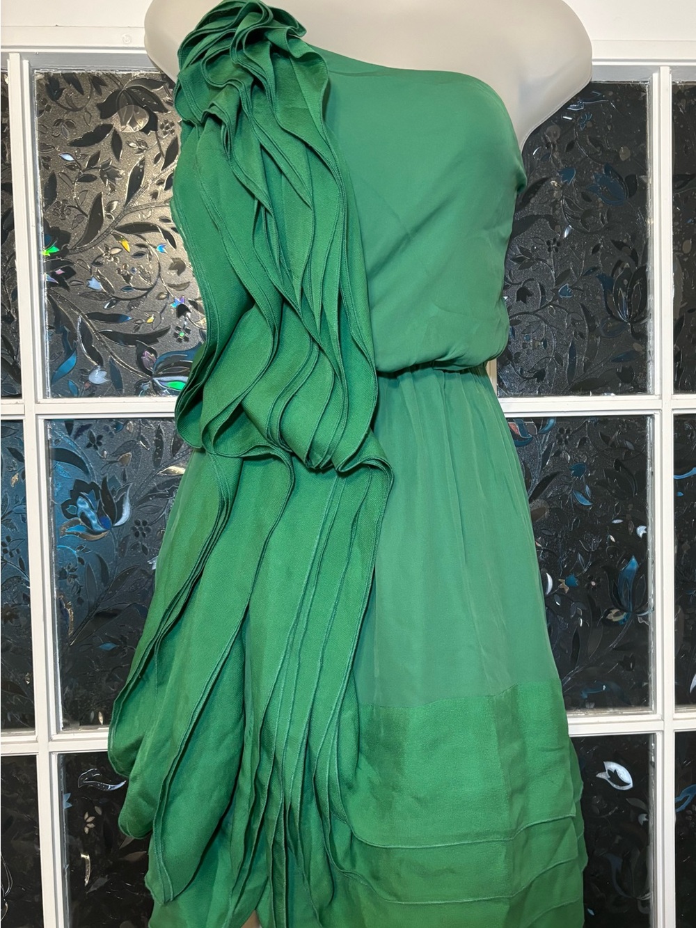 Max Azria Runway Silk One Shoulder Ruffle Dress Viridian Green L FAM6H131